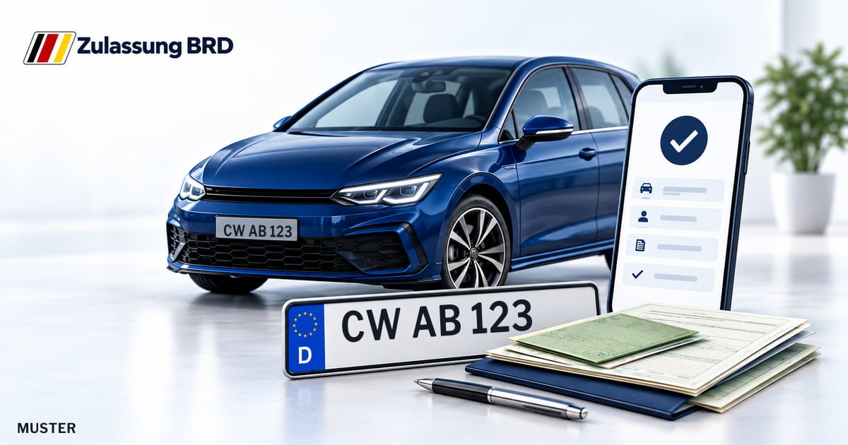 Online Fahrzeugzulassung in Bad Wildbad: Musterkennzeichen CW AB 123, Auto und Fahrzeugpapiere und Smartphone. Illustration mit Logo von Zulassung BRD.